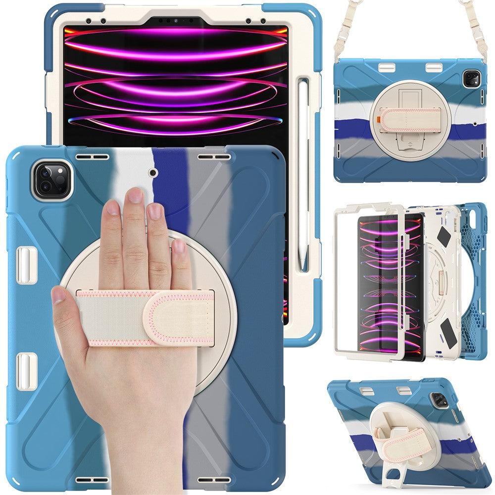 For iPad Pro 12.12.9 (2022) / (2021) / (2020) / (2018) X-Shape PC + TPU Combo Kickstand Case with Hand Strap and Shoulder Strap
