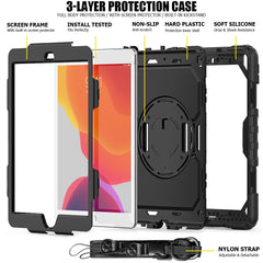 For iPad 10.2 (2020) / (2019) 360° Swivel Kickstand PC + Silicone Tablet Case Hand Strap Protective Cover with Shoulder Strap
