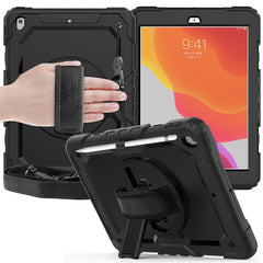 For iPad 10.2 (2020) / (2019) 360° Swivel Kickstand PC + Silicone Tablet Case Hand Strap Protective Cover with Shoulder Strap