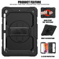 For iPad 10.2 (2020) / (2019) 360° Swivel Kickstand PC + Silicone Tablet Case Hand Strap Protective Cover with Shoulder Strap