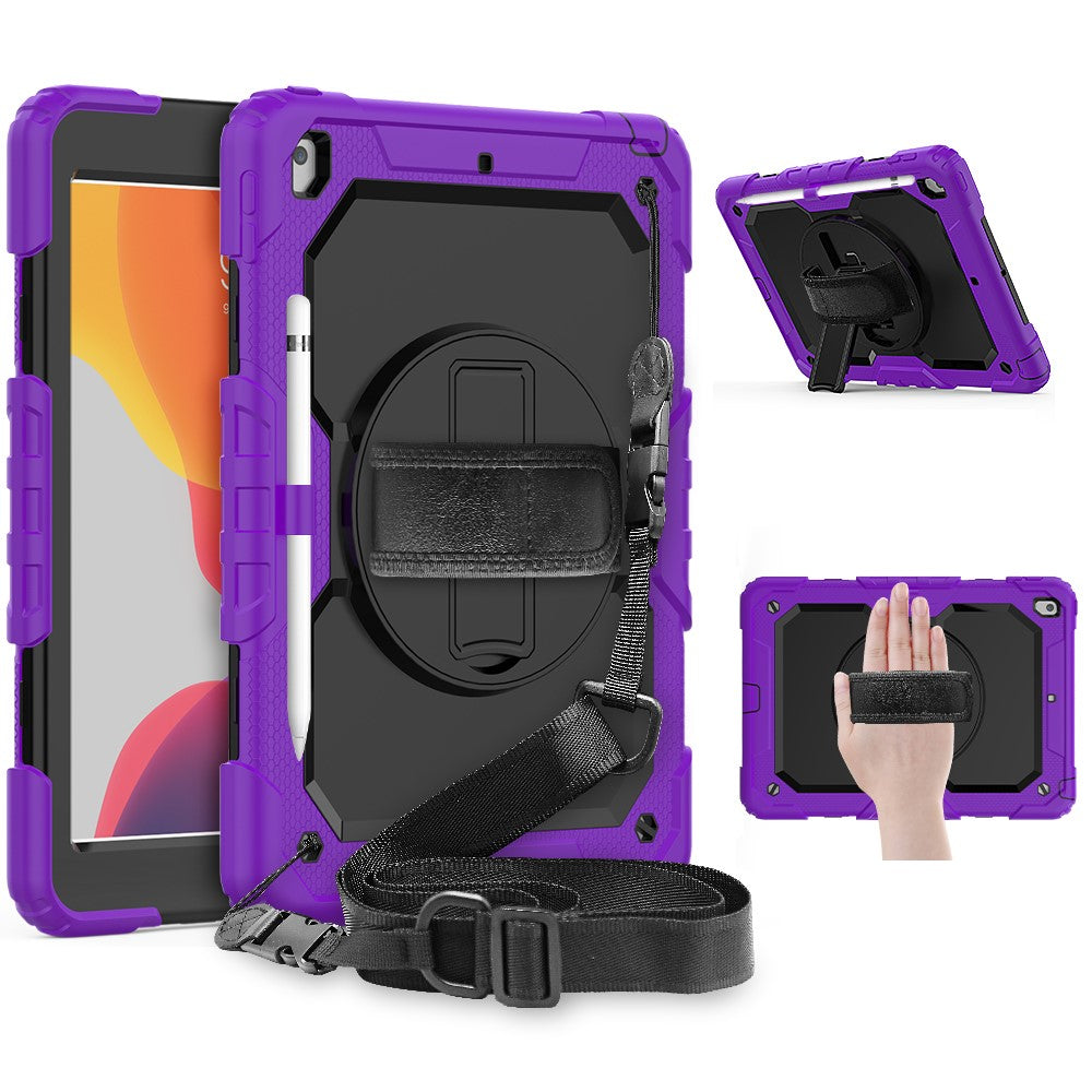 For iPad 10.2 (2020) / (2019) 360° Swivel Kickstand PC + Silicone Tablet Case Hand Strap Protective Cover with Shoulder Strap