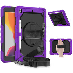 For iPad 10.2 (2020) / (2019) 360° Swivel Kickstand PC + Silicone Tablet Case Hand Strap Protective Cover with Shoulder Strap