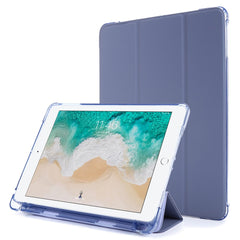 For iPad 9.7-inch (2018) Shockproof Anti-Scratch Cover Tri-Fold Stand Leather Tablet Case with Pen Slot