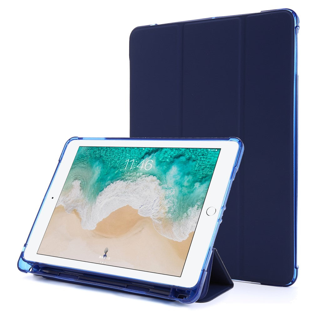 For iPad 9.7-inch (2018) Shockproof Anti-Scratch Cover Tri-Fold Stand Leather Tablet Case with Pen Slot