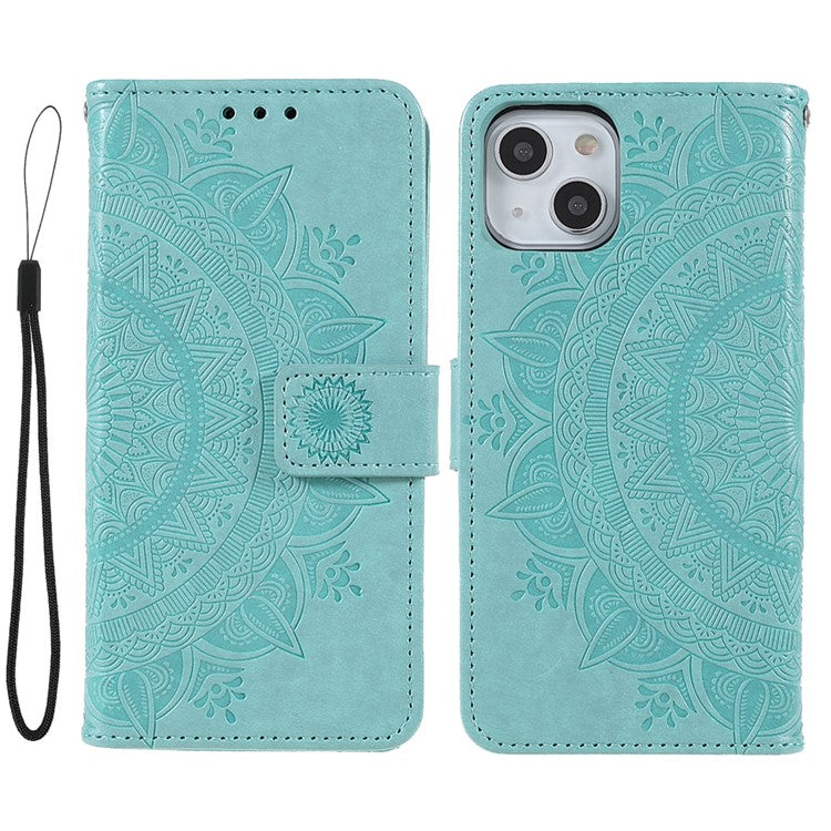 Stylish Imprinted Mandala Totem Pattern PU Leather Shockproof Flip Magnetic Case with Strap for iPhone 13 6.1 inc - TechGearPal