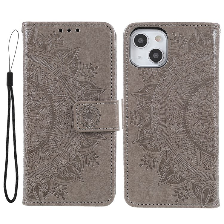 Stylish Imprinted Mandala Totem Pattern PU Leather Shockproof Flip Magnetic Case with Strap for iPhone 13 6.1 inc - TechGearPal