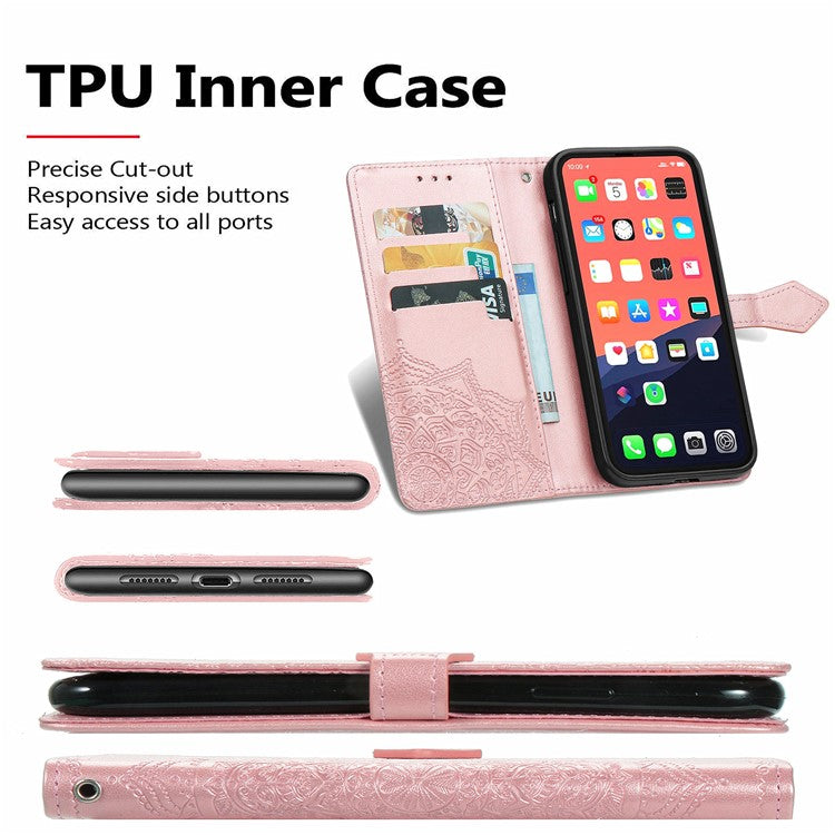 PU Leather Stand Case Wallet Cover with Embossed Mandala Flower for iPhone 13 mini 5.4 inch - TechGearPal