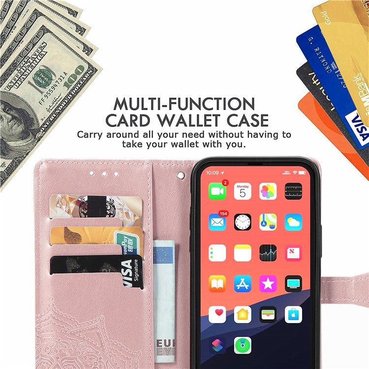 PU Leather Stand Case Wallet Cover with Embossed Mandala Flower for iPhone 13 mini 5.4 inch - TechGearPal
