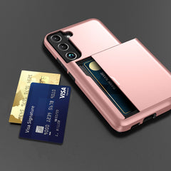 Für Samsung Galaxy S22 5G Slide Card Holder Anti-Drop-Smartphone-Hülle Leichte, schlanke, stilvolle PC + TPU-Hybrid-Telefonabdeckung 