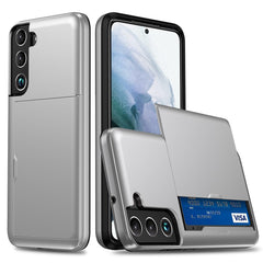 Für Samsung Galaxy S22 5G Slide Card Holder Anti-Drop-Smartphone-Hülle Leichte, schlanke, stilvolle PC + TPU-Hybrid-Telefonabdeckung 