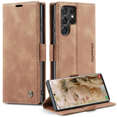 CASEME 013 Series for Samsung Galaxy S22 Ultra 5G Foldable Stand Wallet PU Leather + TPU Cover Auto-absorbed Magnetic Closing Phone Case