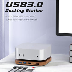 AJM4-H For Mac Mini M4  /  M4 Pro Wooden Expansion Dock USB 3.0 Hub Stand with TF / SD Card Reader Base - TechGearPal