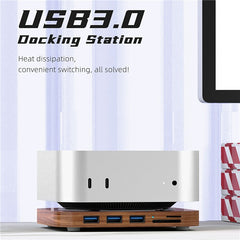 AJM4-H For Mac Mini M4  /  M4 Pro Wooden Expansion Dock USB 3.0 Hub Stand with TF / SD Card Reader Base - TechGearPal