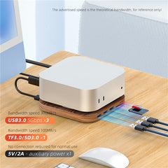 AJM4-H For Mac Mini M4  /  M4 Pro Wooden Expansion Dock USB 3.0 Hub Stand with TF / SD Card Reader Base - TechGearPal