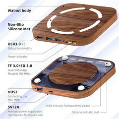 AJM4-H For Mac Mini M4  /  M4 Pro Wooden Expansion Dock USB 3.0 Hub Stand with TF / SD Card Reader Base - TechGearPal
