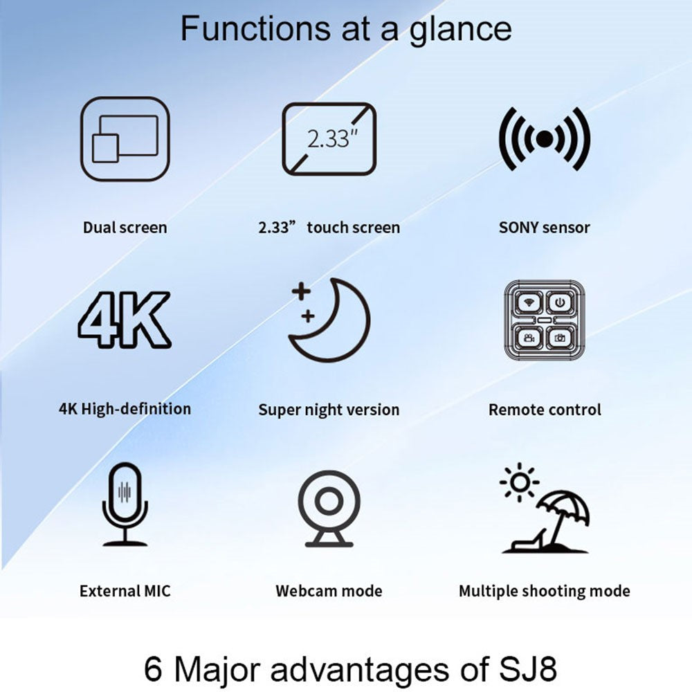 SJCAM SJ8 Dual Screen Action Camera 2.33" Touch Screen 4K HD Camera Multifunctional Waterproof Riding Recorder with Night Vision for Photography - TechGearPal