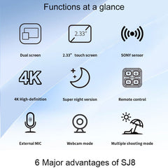 SJCAM SJ8 Dual Screen Action Camera 2.33" Touch Screen 4K HD Camera Multifunctional Waterproof Riding Recorder with Night Vision for Photography - TechGearPal