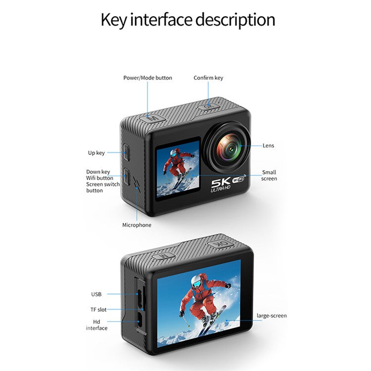 V5 5K WiFi EIS Anti-shake Action Camera 30m Waterproof Dual Screen Sports Camera - TechGearPal