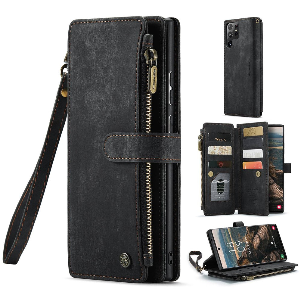 For Samsung Galaxy S22 Ultra 5G Phone Cases with Strap CASEME C30 Zipper Multiple Card Holder PU Leather Cover
