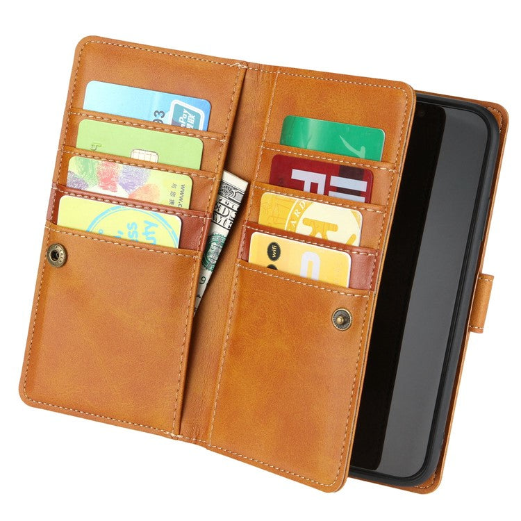 For iPhone 14 6.1 inch Wallet Flip Phone Cover Split Leather Multiple Card Slots Magnetic Closure Stand Cover with Hand Stra - TechGearPal