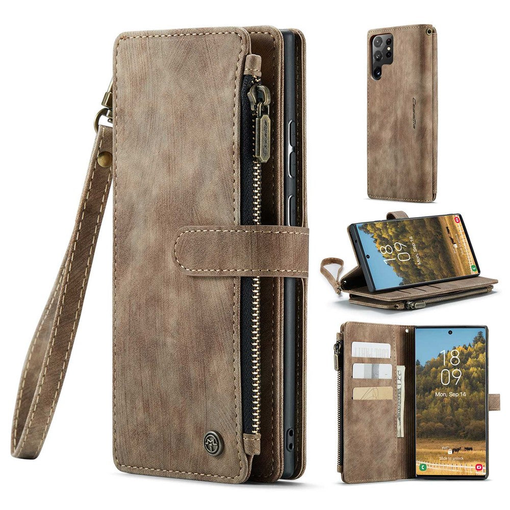 Für Samsung Galaxy S22 Ultra 5G-Telefonhüllen mit Riemen CASEME C30 Reißverschluss Mehrere Kartenhalter PU-Lederabdeckung 