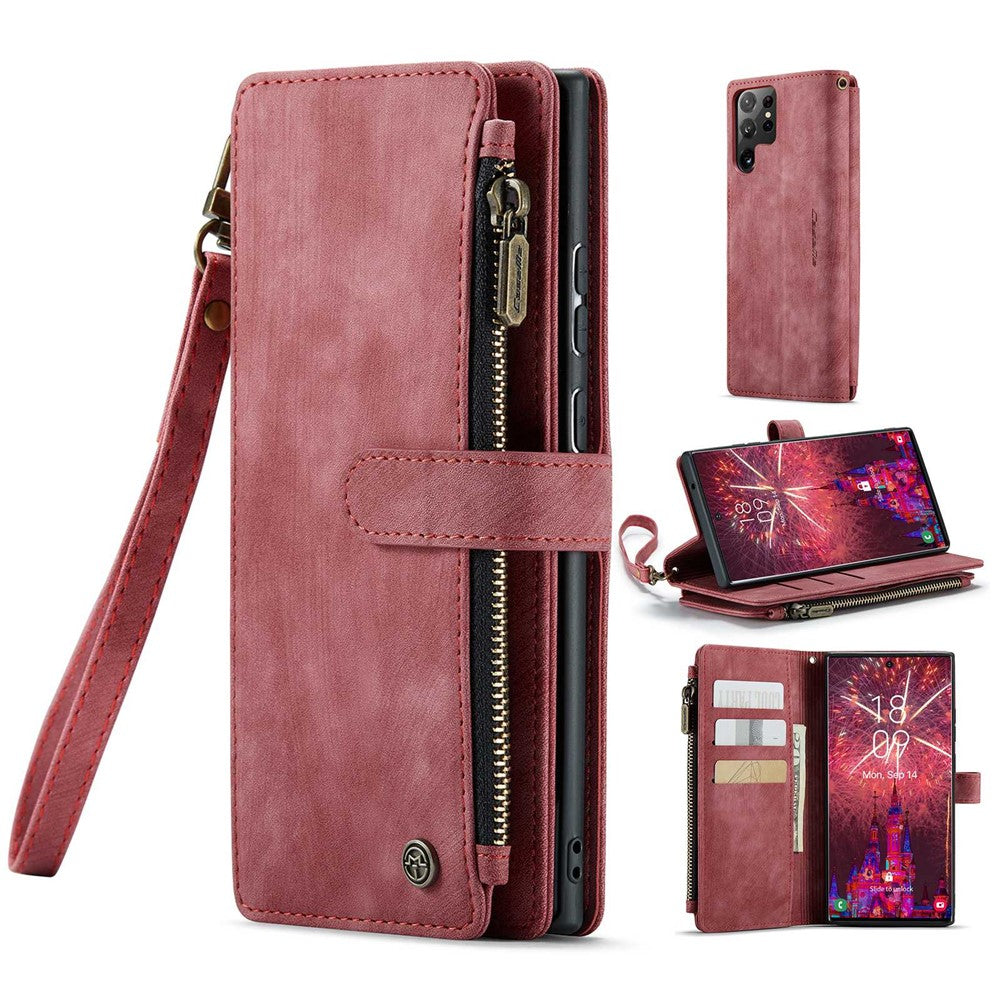 For Samsung Galaxy S22 Ultra 5G Phone Cases with Strap CASEME C30 Zipper Multiple Card Holder PU Leather Cover