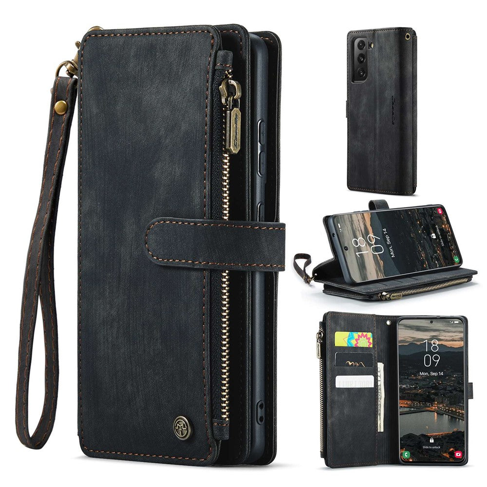 For Samsung Galaxy S22+ 5G Phone Cases with Strap CASEME C30 Zipper Multiple Card Holder PU Leather Cover - TechGearPal