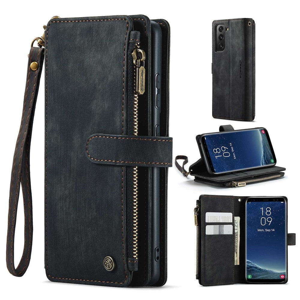 For Samsung Galaxy S22 5G Phone Cases with Strap CASEME C30 Zipper Multiple Card Holder PU Leather Cover