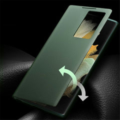 QIALINO For Samsung Galaxy S22 Ultra 5G View Window Cell Phone Case Smart Auto Wake Up / Sleep Genuine Cowhide Leather Phone Flip Cover