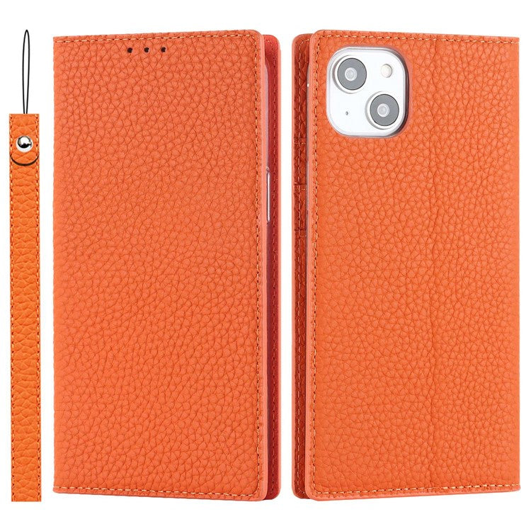 For iPhone 14 Plus Genuine Leather Magnetic Closure Phone Cover Litchi Texture Wallet Stand Case with Hand Strap - TechGearPal