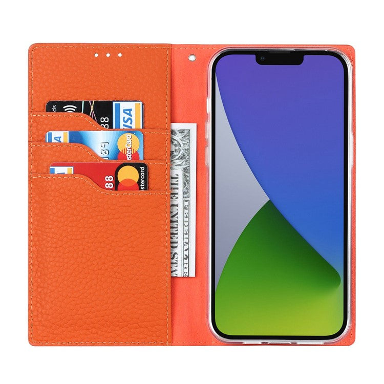 For iPhone 14 Plus Genuine Leather Magnetic Closure Phone Cover Litchi Texture Wallet Stand Case with Hand Strap - TechGearPal