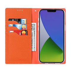 For iPhone 14 Plus Genuine Leather Magnetic Closure Phone Cover Litchi Texture Wallet Stand Case with Hand Strap - TechGearPal