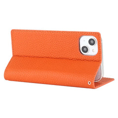For iPhone 14 Plus Genuine Leather Magnetic Closure Phone Cover Litchi Texture Wallet Stand Case with Hand Strap - TechGearPal