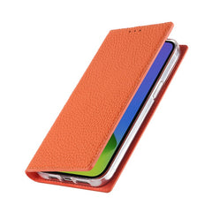 For iPhone 14 Plus Genuine Leather Magnetic Closure Phone Cover Litchi Texture Wallet Stand Case with Hand Strap - TechGearPal