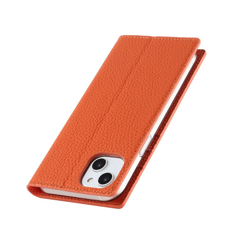 For iPhone 14 Plus Genuine Leather Magnetic Closure Phone Cover Litchi Texture Wallet Stand Case with Hand Strap - TechGearPal