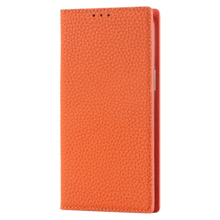 For iPhone 14 Plus Genuine Leather Magnetic Closure Phone Cover Litchi Texture Wallet Stand Case with Hand Strap - TechGearPal
