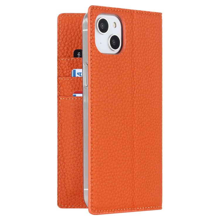 For iPhone 14 Plus Genuine Leather Magnetic Closure Phone Cover Litchi Texture Wallet Stand Case with Hand Strap - TechGearPal