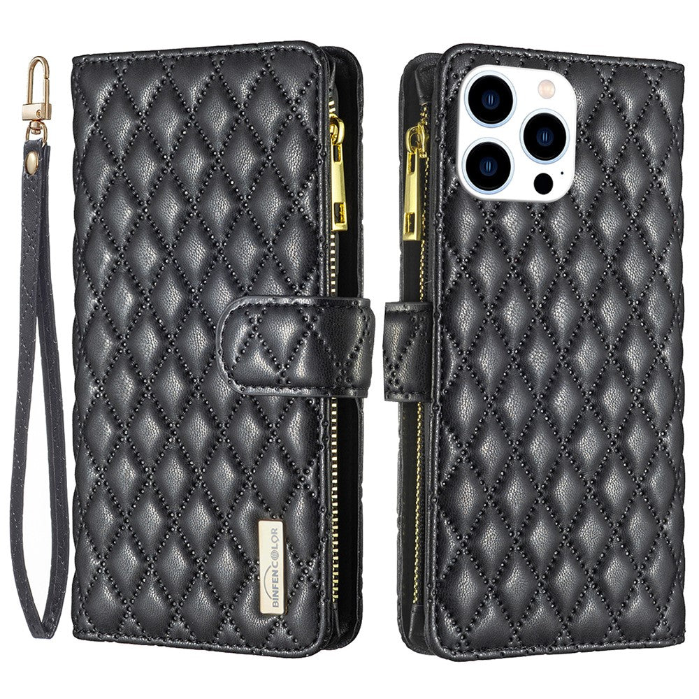 BINFEN COLOR BF Style-15 For iPhone 16 Pro Max Case Rhombus Imprint Leather Phone Cover - TechGearPal