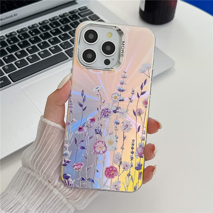 For iPhone 15 Pro Max Case Flower Pattern Laser Texture Electroplated Phone Back Cover - TechGearPal