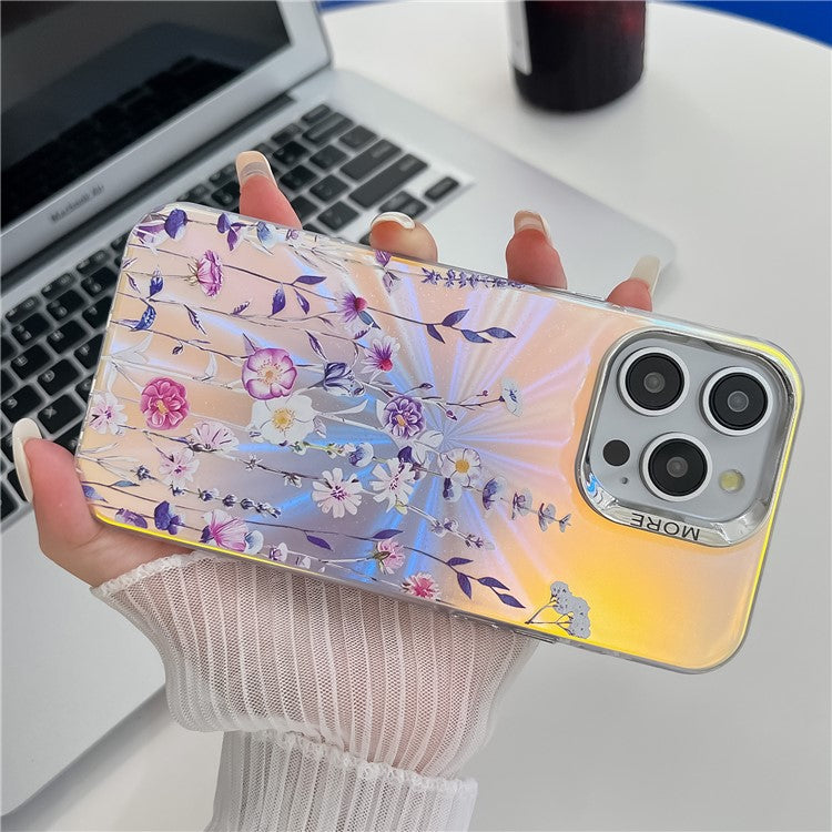 For iPhone 15 Pro Max Case Flower Pattern Laser Texture Electroplated Phone Back Cover - TechGearPal