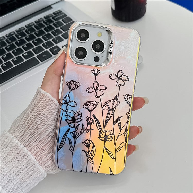 For iPhone 15 Pro Max Case Flower Pattern Laser Texture Electroplated Phone Back Cover - TechGearPal