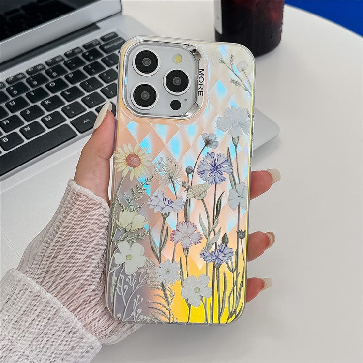 For iPhone 15 Pro Max Case Flower Pattern Laser Texture Electroplated Phone Back Cover - TechGearPal