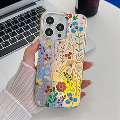 For iPhone 15 Pro Max Case Flower Pattern Laser Texture Electroplated Phone Back Cover - TechGearPal