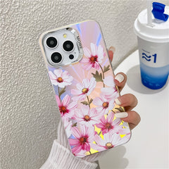 For iPhone 15 Pro Max Case Flower Pattern Laser Texture Electroplated Phone Back Cover - TechGearPal