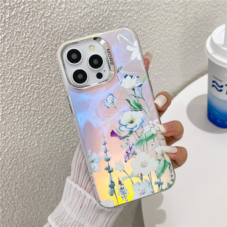 For iPhone 15 Pro Max Case Flower Pattern Laser Texture Electroplated Phone Back Cover - TechGearPal