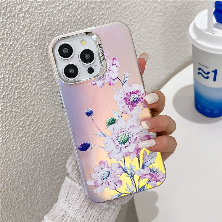 For iPhone 15 Pro Max Case Flower Pattern Laser Texture Electroplated Phone Back Cover - TechGearPal