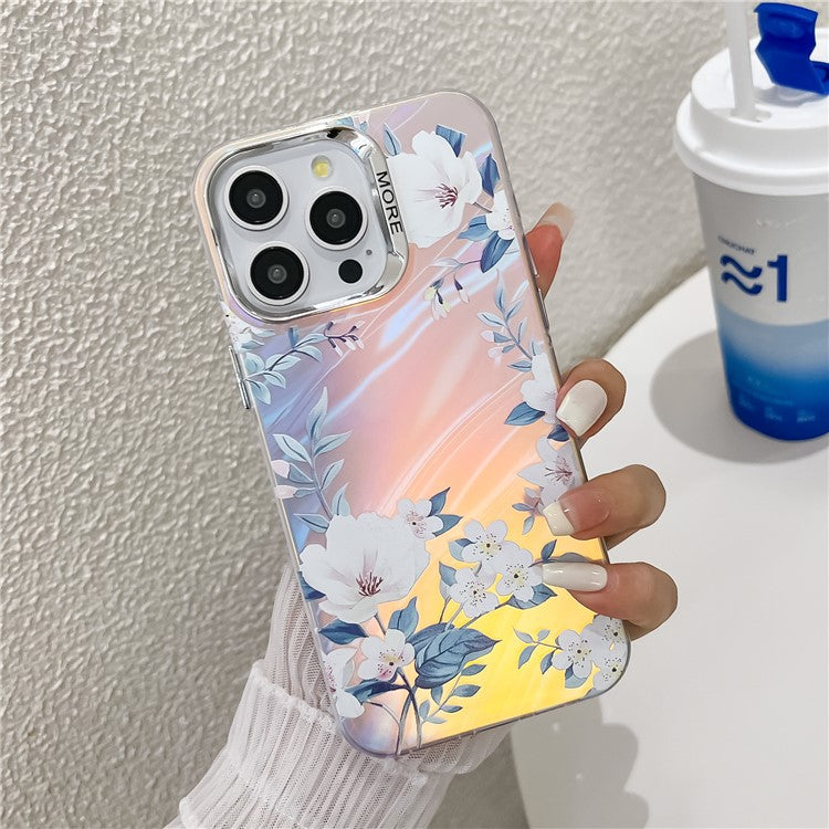 For iPhone 15 Pro Max Case Flower Pattern Laser Texture Electroplated Phone Back Cover - TechGearPal