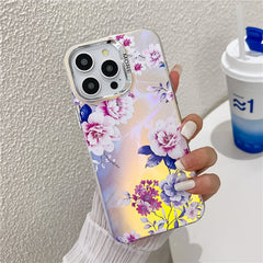 For iPhone 15 Pro Max Case Flower Pattern Laser Texture Electroplated Phone Back Cover - TechGearPal