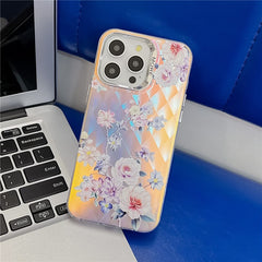 For iPhone 15 Pro Max Case Flower Pattern Laser Texture Electroplated Phone Back Cover - TechGearPal