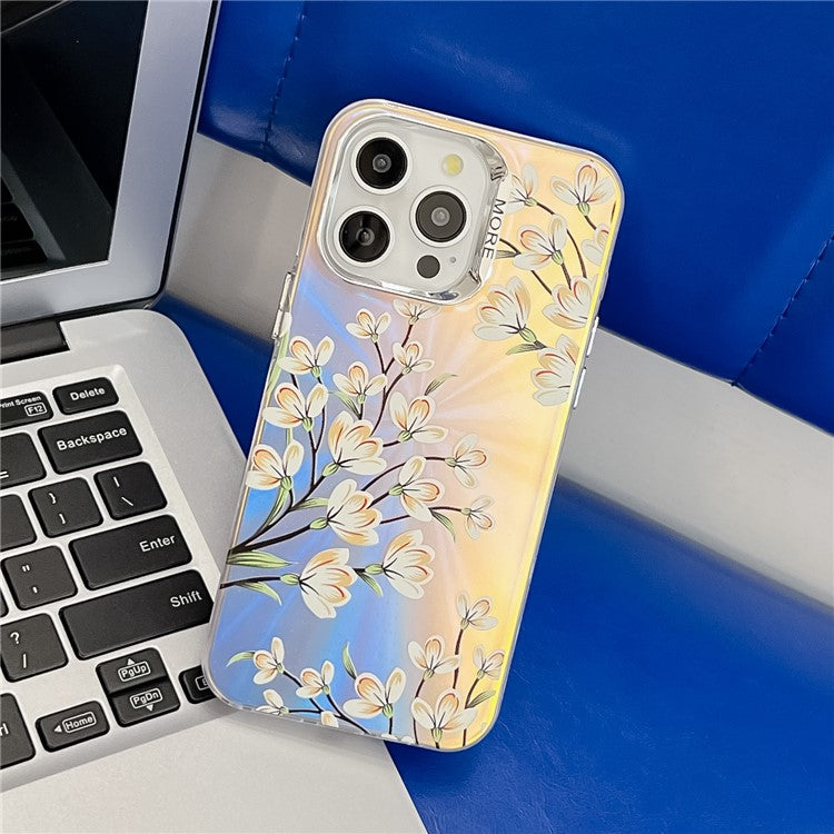 For iPhone 15 Pro Max Case Flower Pattern Laser Texture Electroplated Phone Back Cover - TechGearPal